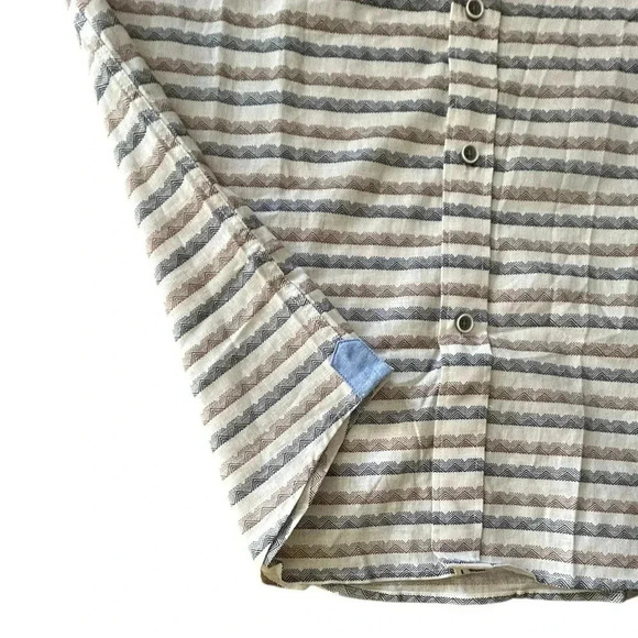 NATURAL BLUE Striped Shirt sz L Brown Blue & White LINEN/COTTON Short Sleeve NWT - Picture 6 of 10